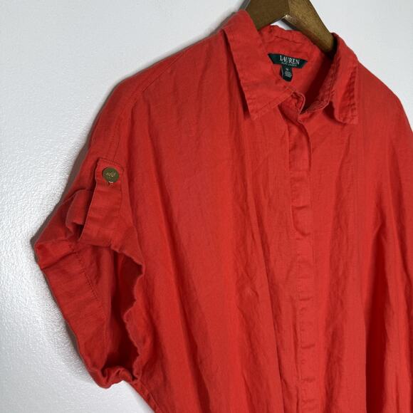 Ralph Lauren Dress Womens 14 Red Linen Belted Shirt Midi Collared Summer - Picture 2 of 7
